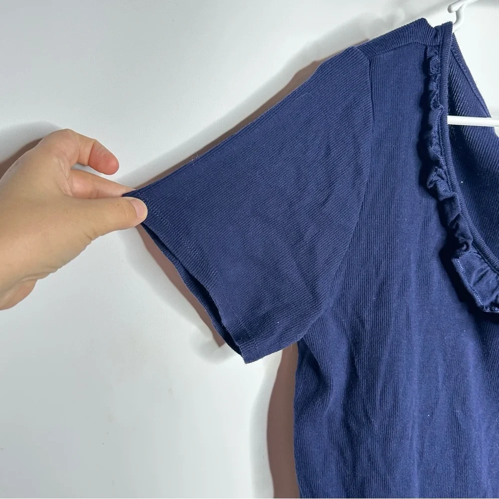 Ralph Lauren Navy Blue Ruffled Scoop Neck Ribbed Short Sleeve Cotton Shirt, 1X - Picture 4 of 6
